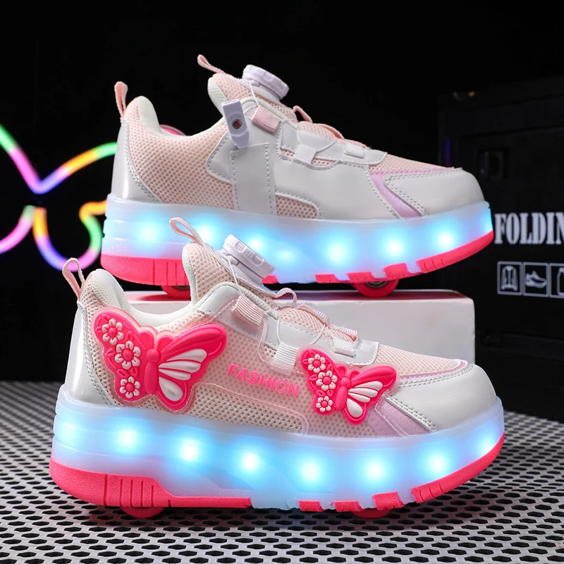 Butterfly USB Charging Led Light Roller Skate Shoes Wheels Removeable Sneakers Kids Shoes Light Up Sport Board Shoes Boys Girls