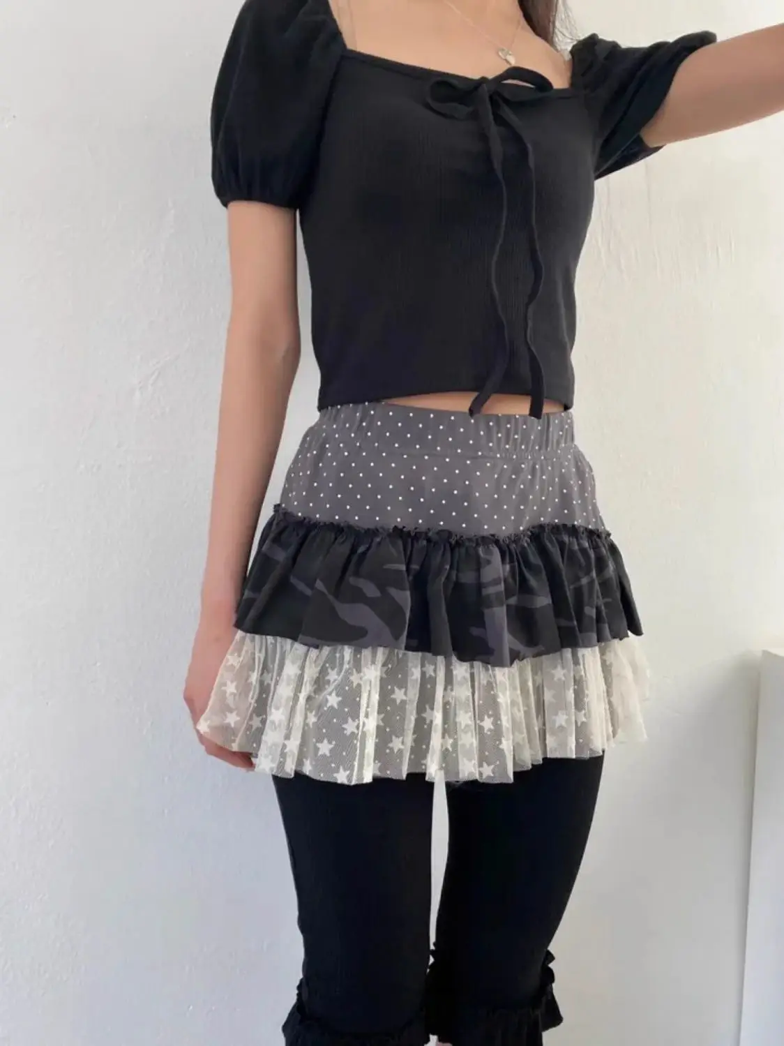 

Summer New Retro Pentagram Polka Dot Camouflage Mesh Stitching Multi-layer Short Skirt Cake Skirt