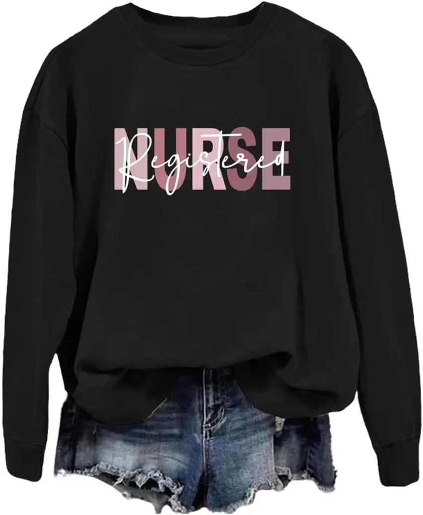 

Registered Nurse Sweatshirts Women Crewneck Long Sleeve Shirts Nursing School T-Shirt Nurse Graphic Pullover Tops