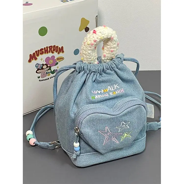 Vintage Women Denim Backpack Cute Bucket Bag Design Blue Plaid Kawaii Handbag Girls Y2k Embroidery Backpacks String Mini Bag New