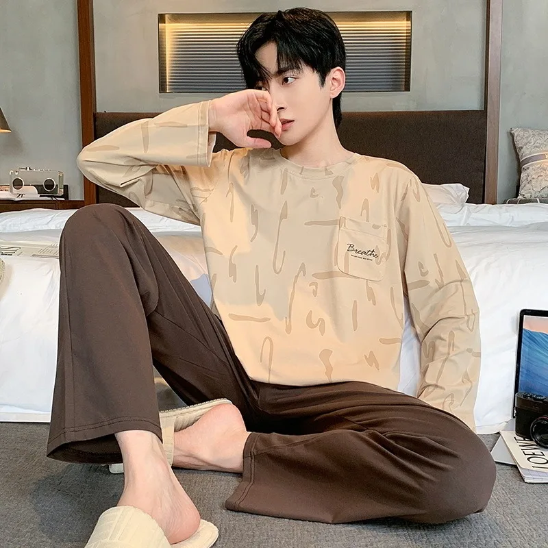 INS Korean High-Grade Simple Long sleeve Trousers Spring and Autumn Pajamas Men Simple Comfortable Home Wear Set pyjama homme