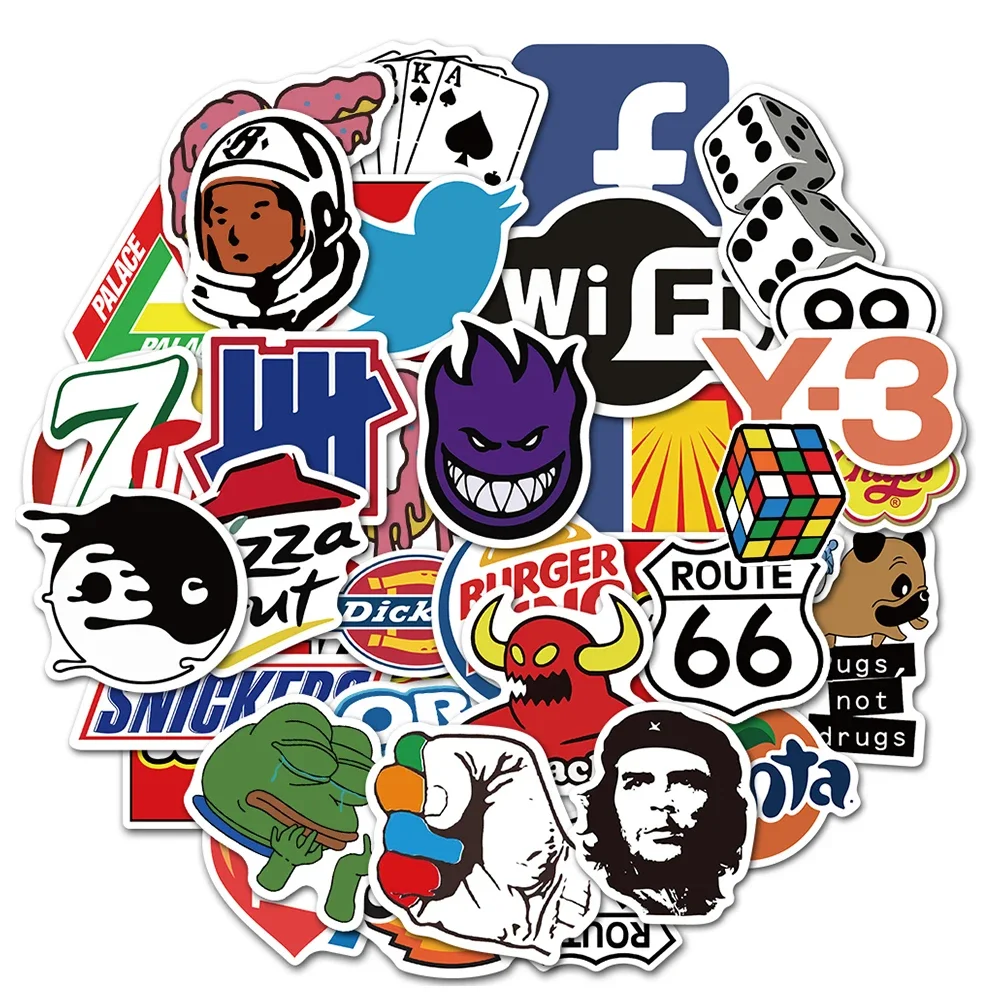 100Pcs Fashion Cool Brand Logo Stickers Graffiti Stationery Skateboard Car Cartoon Waterproof Sticker Decal for Kid Toy