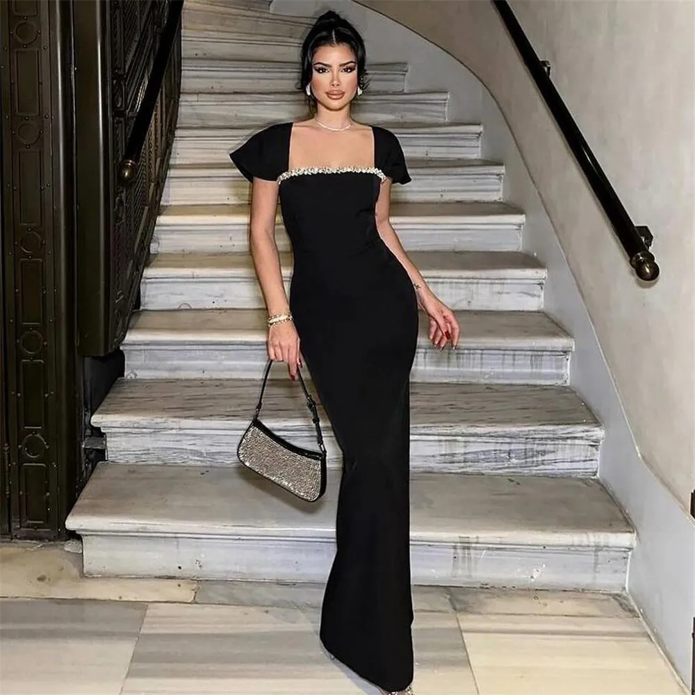 

2025 Women Celebrity Sexy Square Collar Black Red Blue Diamonds Maxi Long Bandage Dress Elegant Evening Club Party Outfit