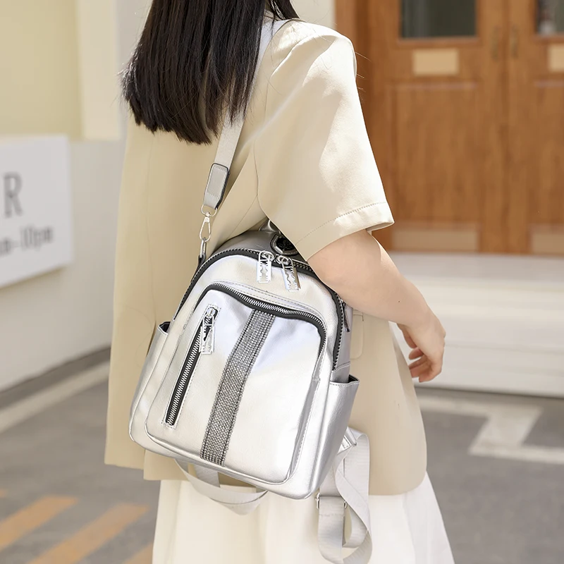 High Quality Soft Leather Women Backpack Silver Diamonds Ladies School Bag Personality Zipper Design Girls One Shoulder Backpack
