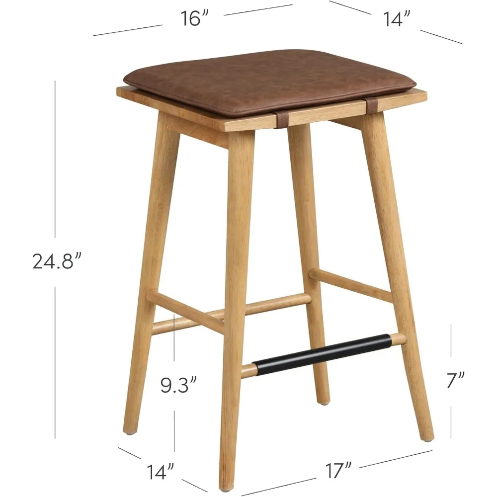Classic Counter Height Wooden Bar Stool with Removable Leather Cushion for Kitchen Island, 24 Inch Backless Seat