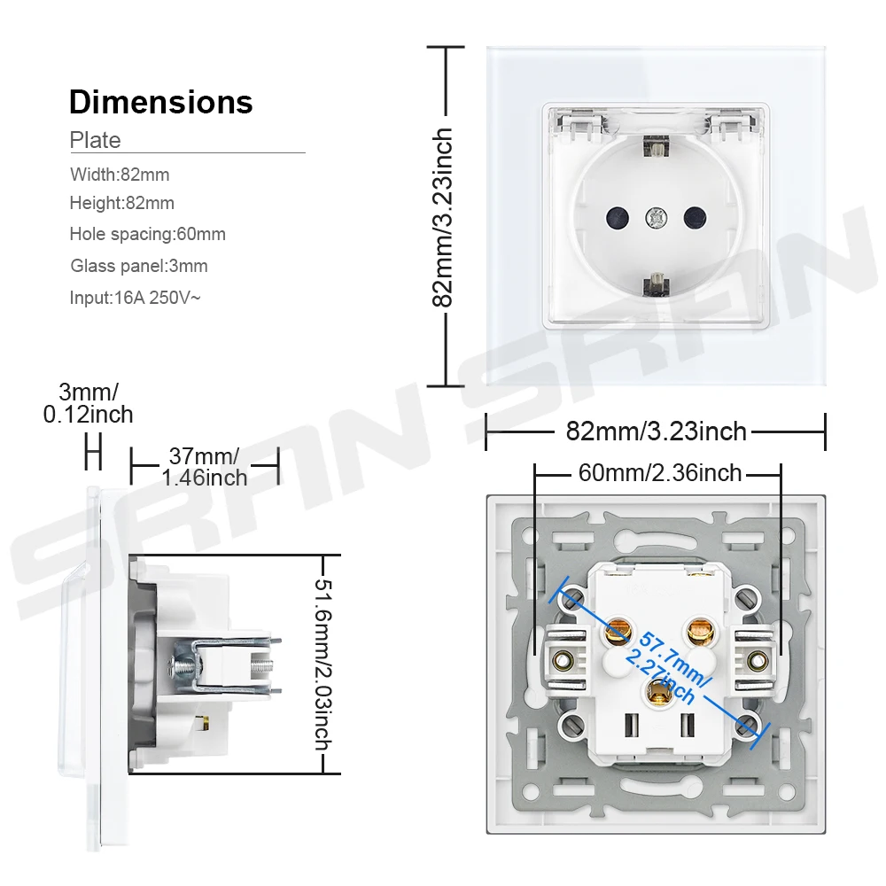 VISWE EU Sockets with cover plastic waterproof Power Outlets Outdoor 82*82mm Tempered Glass Panel Kitchen Bathroom