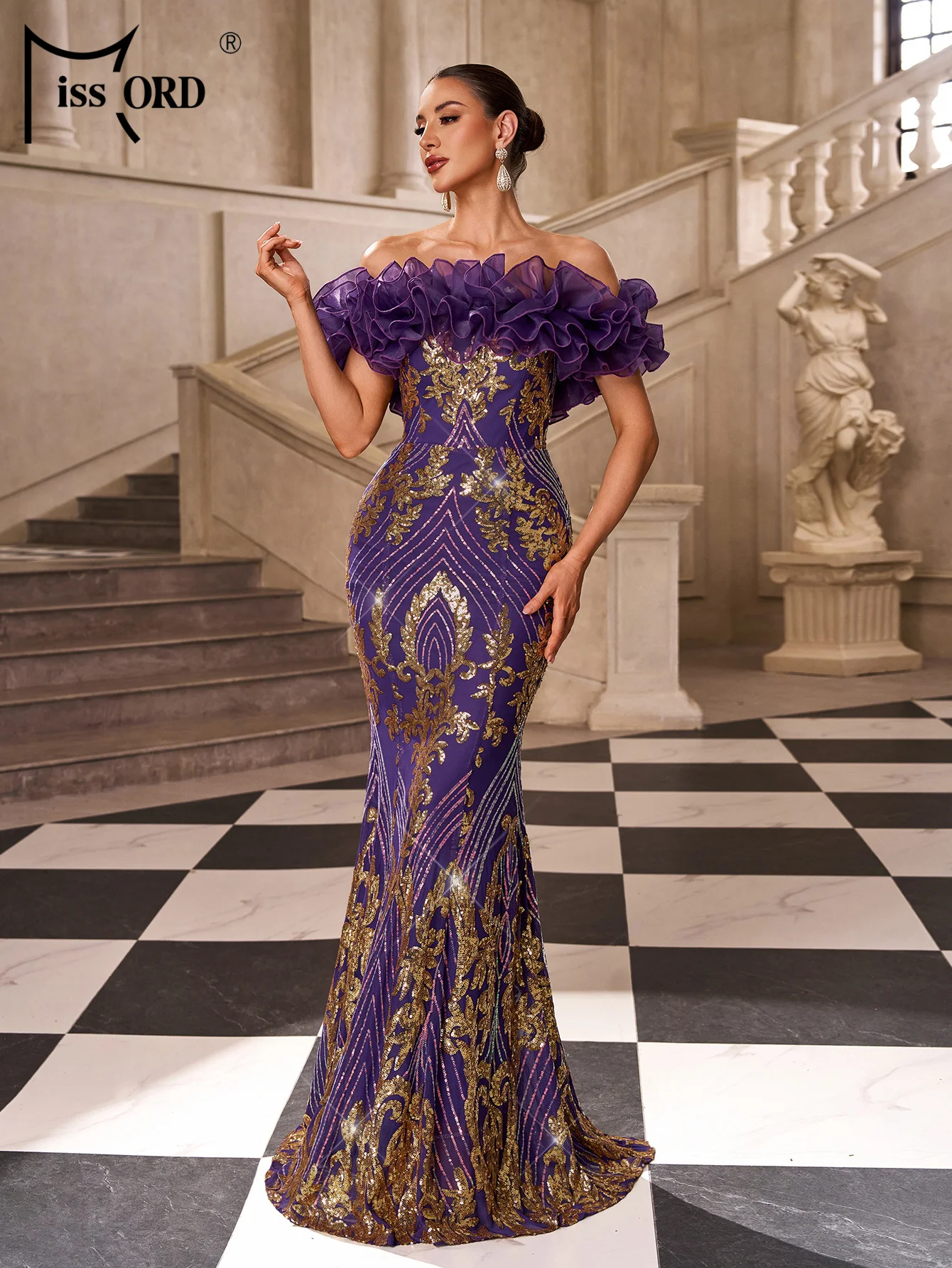 

Missord Off Shoulder Geometric Sequin Mermaid Evening Gown Wedding Birthday Party Elegant Beautiful Floor Length Church Dress