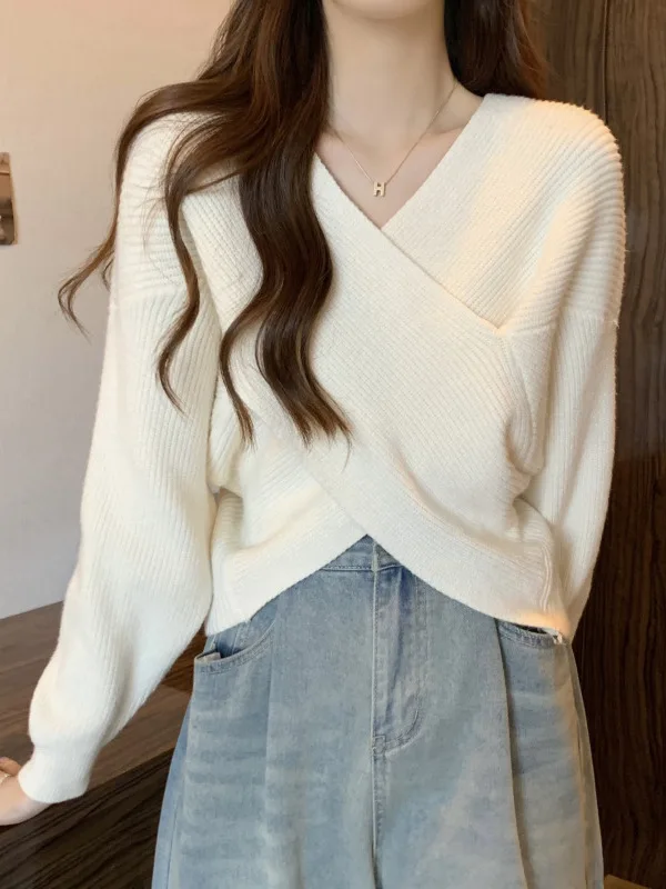 Cross Design V-Neck Knitted Sweater Women's Short Style Lazy Fashion Spring Autumn New Arrival Polyester Fiber Long Sleeve