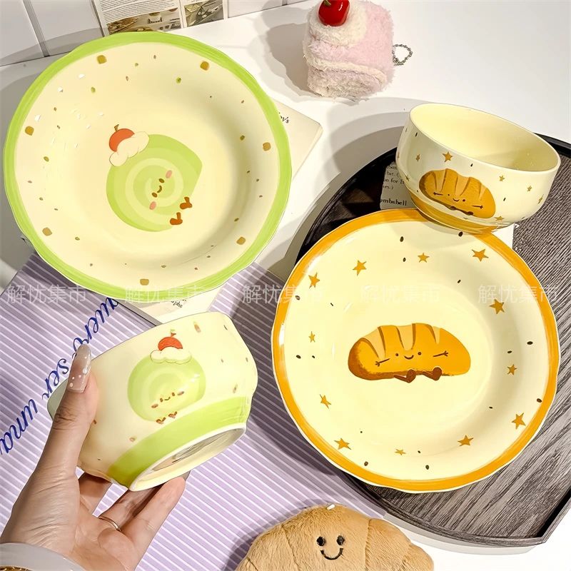مجموعة أدوات مائدة من أطباق السيراميك الكرتونية اللطيفة لشخص واحد، مطبخ منزلي، طعام، سكن الطلاب، تصميم جمالي هدية