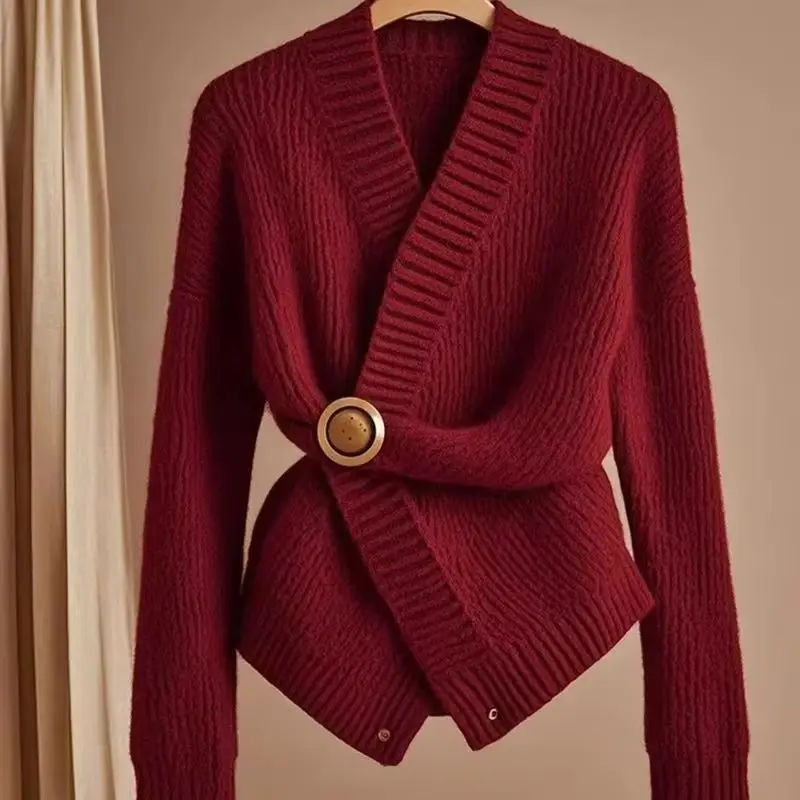 

Ankoala красная верхняя одежда вязаный роскошный кардиган свитер пальто женская мода свитер с v-образным вырезом и длинными рукавами топ женский осень зима2025