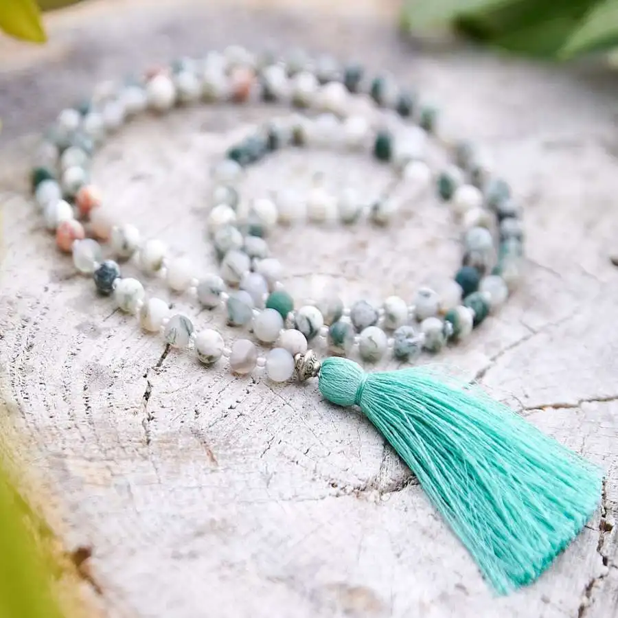 Natural Tree Agate/Tree Stone 108 Mala Beads Necklace with Teal Tassel Growth & Connection to Nature Healing Crystal Jewelry