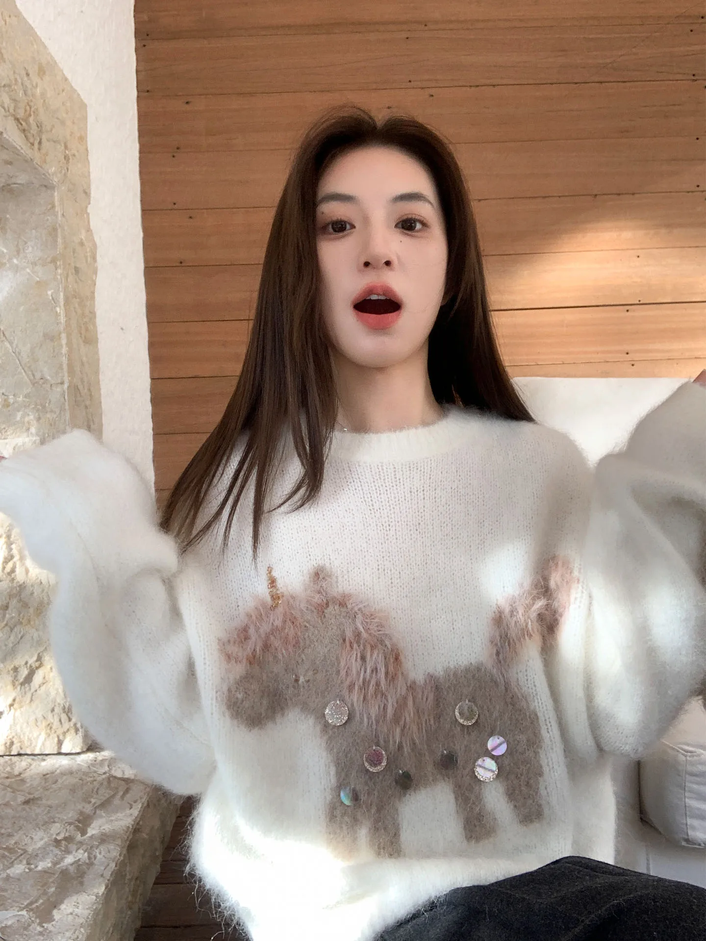 

TWINS iny Sweet Alpaca Knitwear: Женский зимний мягкий вязаный топ с пайетками, модный, удобный, средней длины, с длинными рукавами