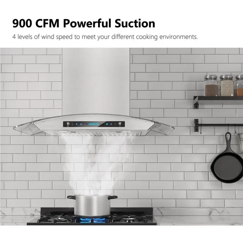 IKTCH 30-inch Wall Mount Range Hood Tempered Glass 900 CFM, Kitchen Chimney Vent Stainless Steel with Gesture Sensing