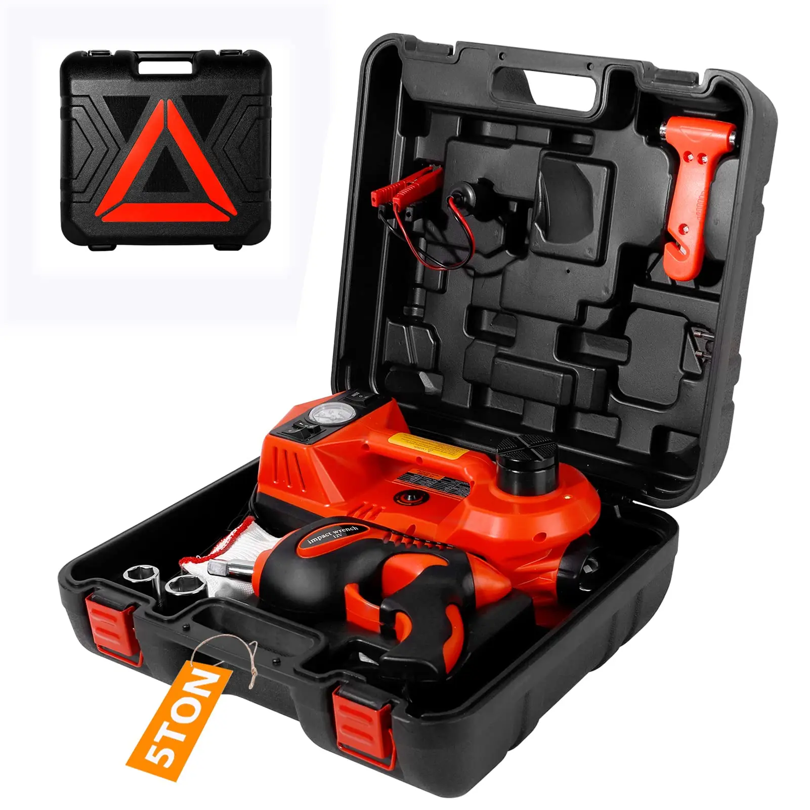 Electric Car Jack Kit - 5 Ton Hydraulic Jack with Electric Impact Wrench and Inflator Pump, Portable for SUV, MPV
