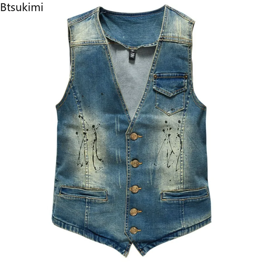 

2025 мужской джинсовый жилет, винтажный повседневный жилет без рукавов, однобортный мужской джинсовый жилет с v-образным вырезом, персонализированная мужская одежда