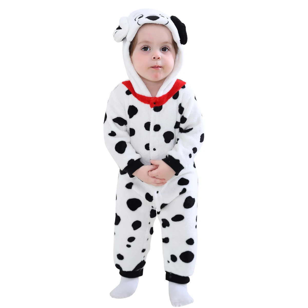 3-36 Months Baby Dalmatians Dog Costume Jumpsuit Long Sleeve Hood Zip Up Full Romper Halloween Winter Flannel Animal Clothes