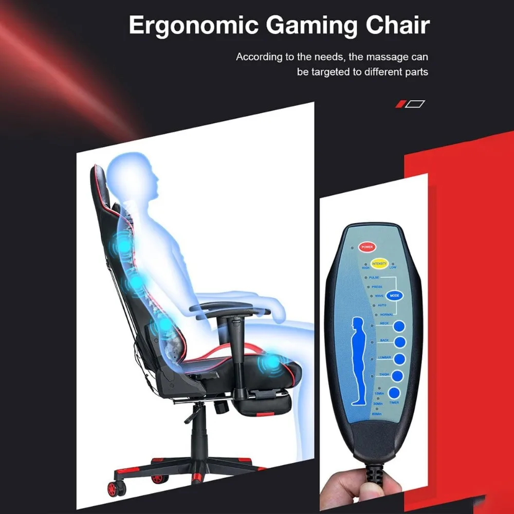 Massage Gaming Chair, Chair with Footrest and Lumbar Support, Adjustable Seat Height , Thickened and Widened Cushions Backrest