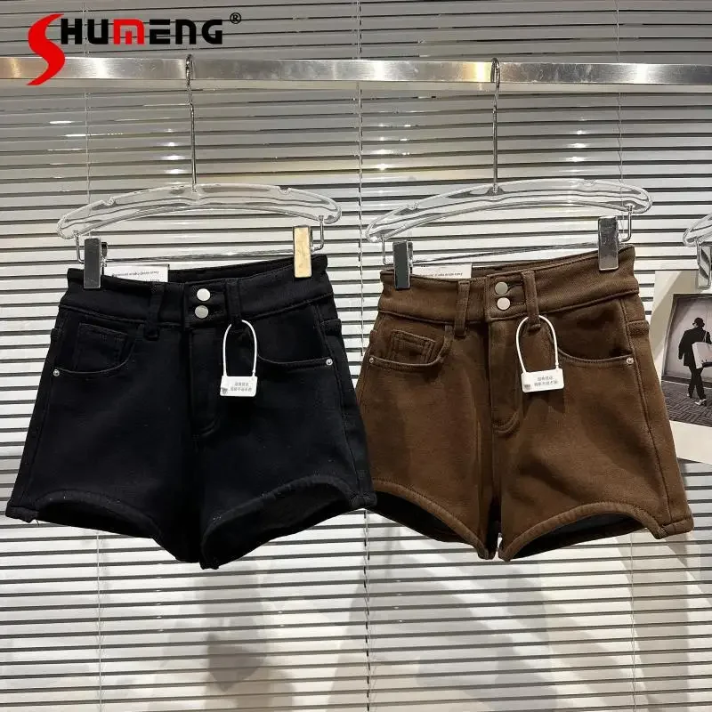 Fashion Three Points Denim Shorts 2023 Women's Autumn New Thickened Warm Slim Fit Shorts Solid Color Straight Short Pants