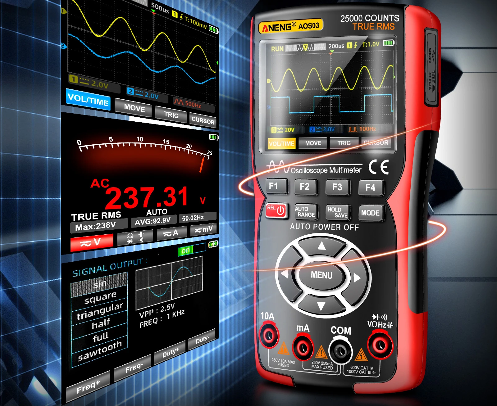 for  Oscilloscope Multimeter Signal Generator Dual Channel 50MHz Bandwidth 280MSa/s Sampling 25000 Counts Multi Tester