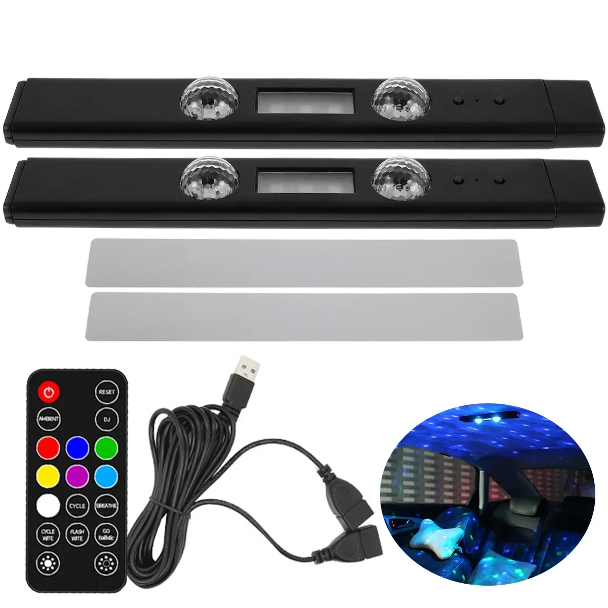 2Pcs Car Interior Ambient Light Wireless RGB LED Starry Car Atmosphere Light USB Multicolor Strip Light Remote/Sound Control NEW