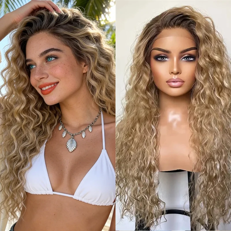 

Fashion Loose Curly Lace Frontal Wigs Hairpieces for women Honey Ash Blonde with White Streaks Synthetic Cosplay Party Use Wigs