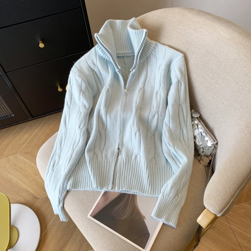 

Женский вязаный кардиган с высоким воротником и твидовым узором на двойной молнии, свободный свитер Jaet, весна-осень, Новое поступление