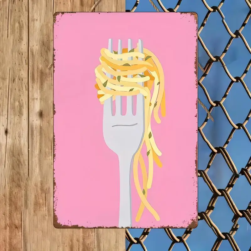 Retro Metal Tin Sign, Cartoon Fork & Spaghetti (Pink) - Iron Wall Art, Cute Food Design, Perfect for Kitchen/Dining Room Decor,