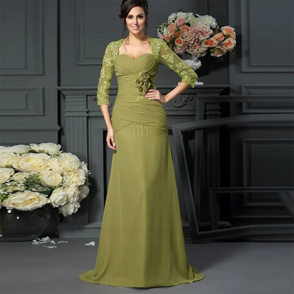 

Elegant Green Dresses for Mother of the Bride 2024 Sweetheart Full Sleeves Lace Floor Length Fancy Flowers Women Prom Gowns
