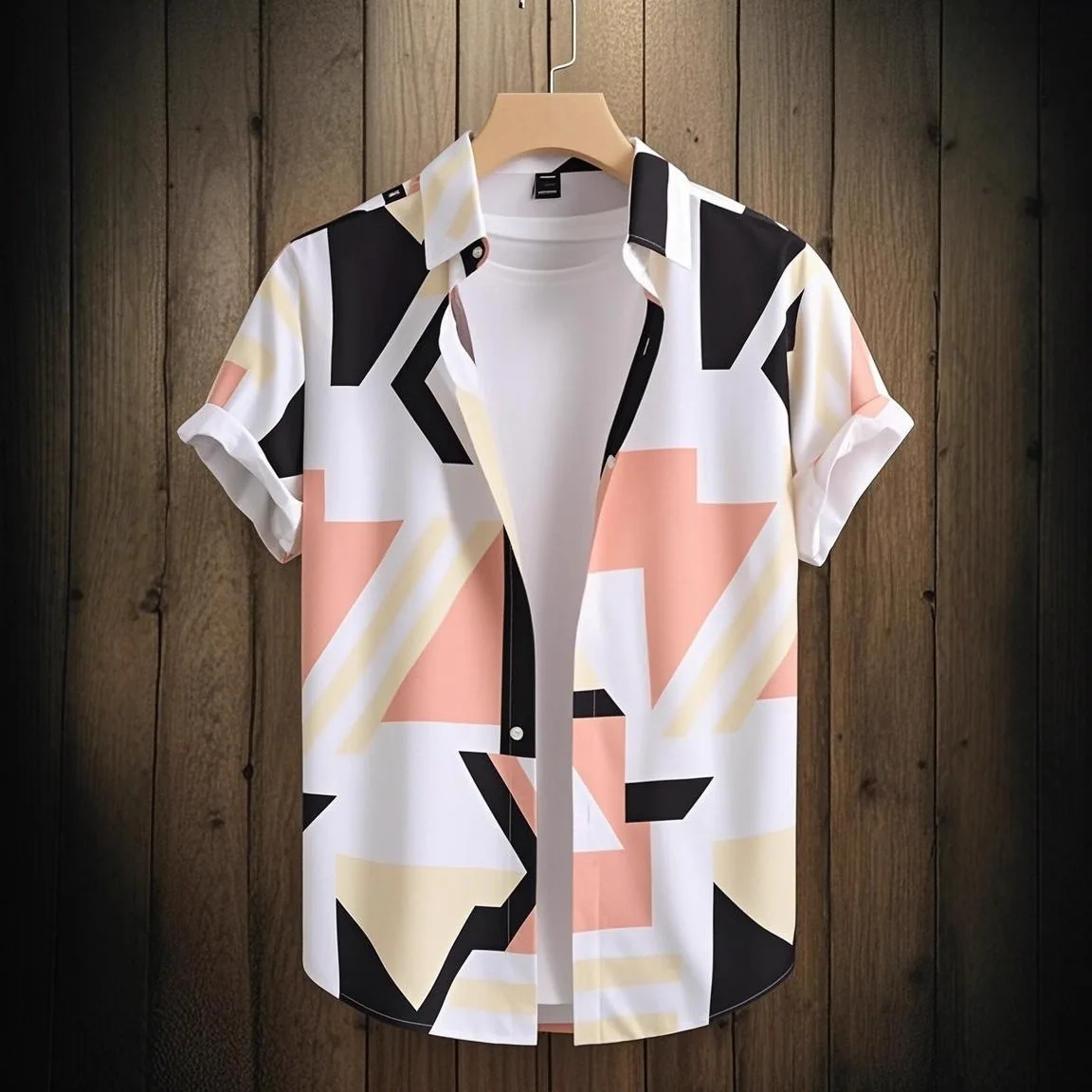 Summer Niche Geometric Printed Shirt with Refreshing Contrasting Colors and Irregular Shapes, Youth Loose Short Sleeved Shirt