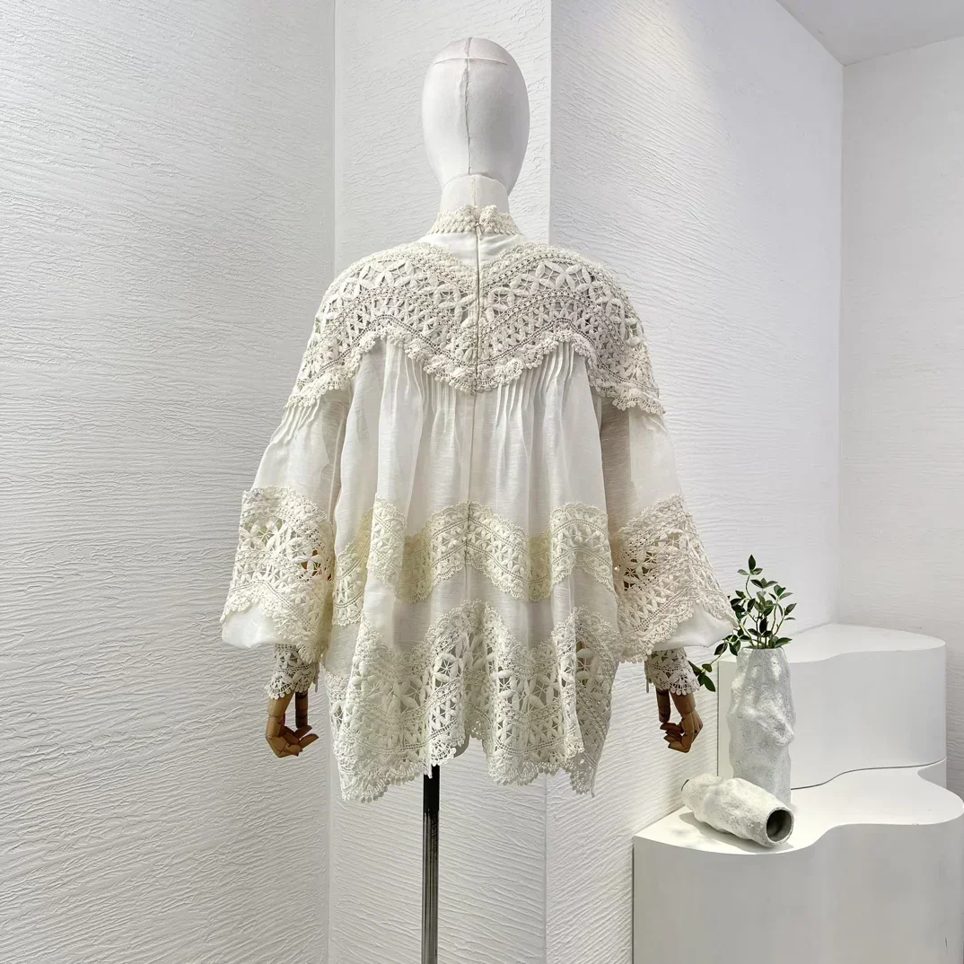 Linen Silk High Quality New Arrivals Hollow Out Long Lantern Sleeve Braid Embroidery Women Vintage Loose Blouse Tops