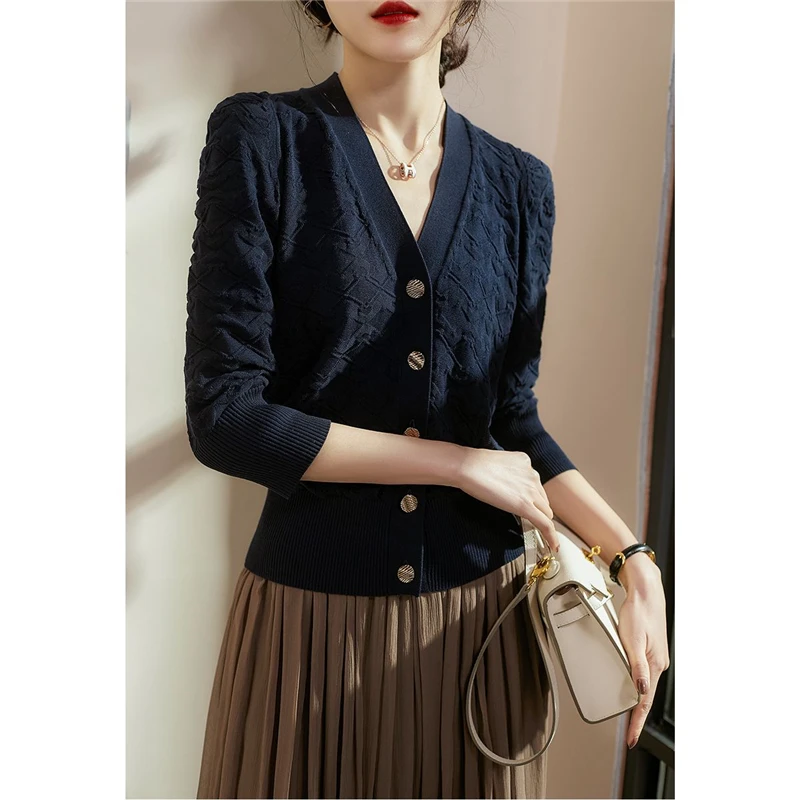 Vintage Argyle Jacquard Elegant Chic Slim Knitwear Top Women Spring Autumn Casual Fashion V Neck Button Knitted Sweater Cardigan