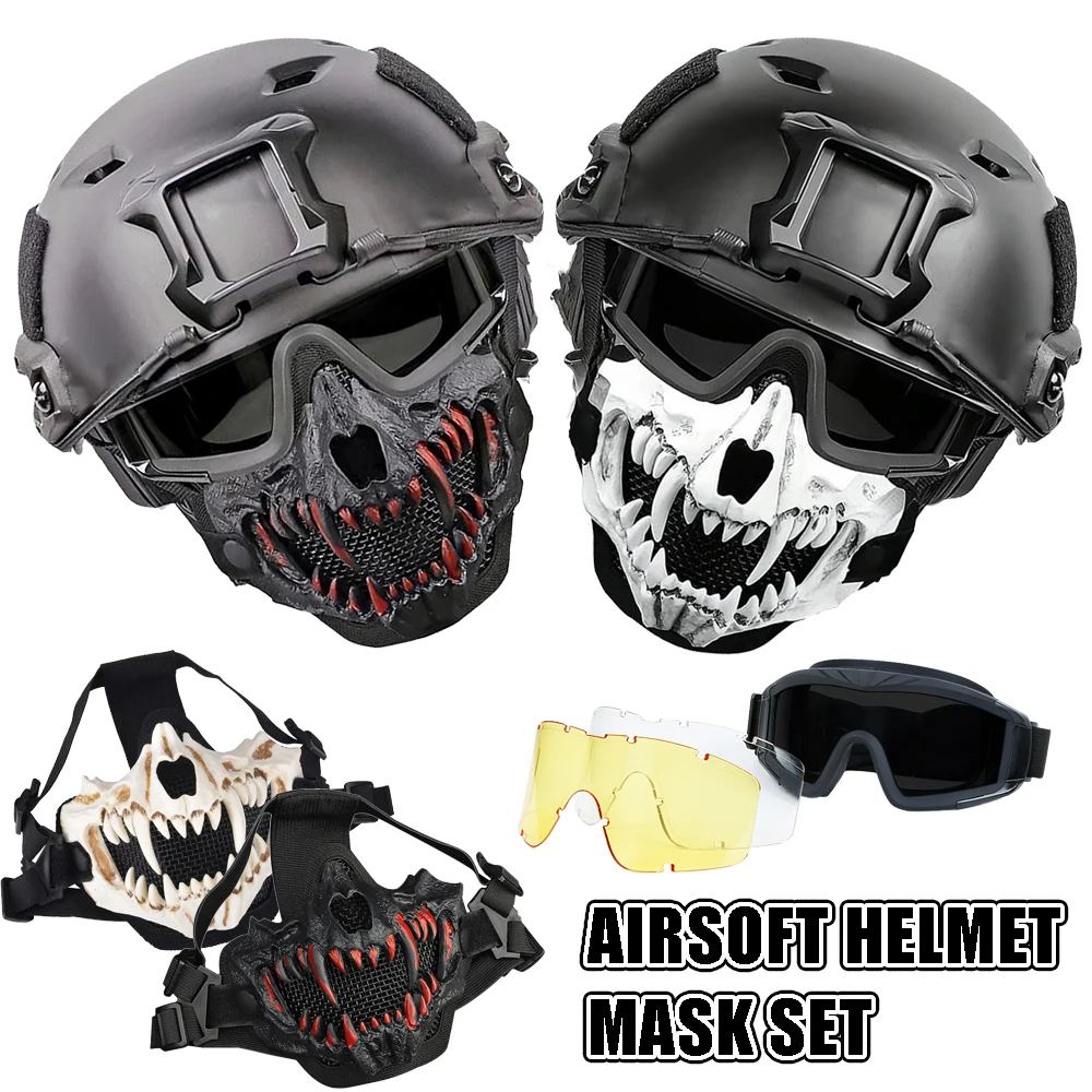 

Airsoft Helmet Skull Mask Set Tactical FAST Helmet Foldable Skull Half Mask 3 Colors Goggles for Outdoor Paintball Shooting Game