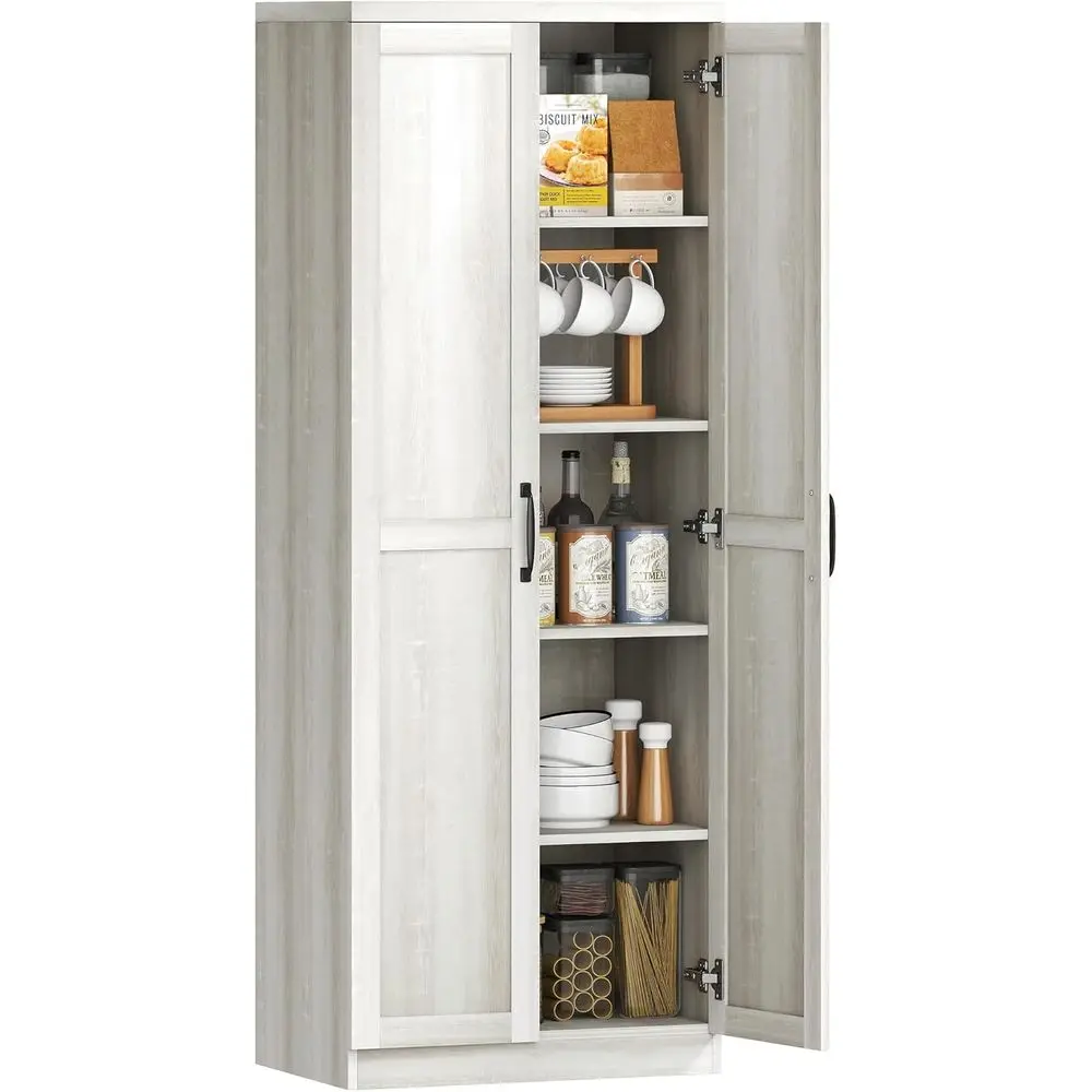 

2-Door Antique White Kitchen Pantry Cabinet with 5-Tier and Adjustable Shelves