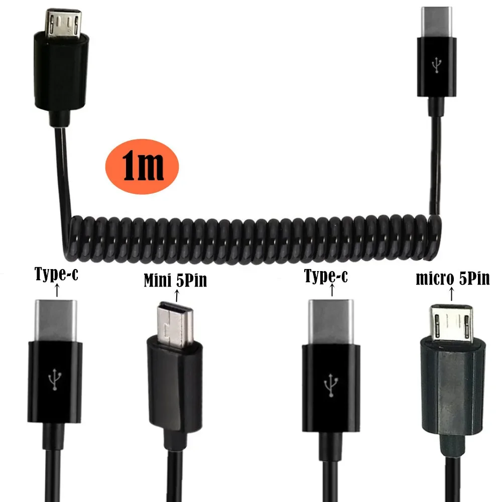 Data&Charger Spiral Coiled USB 3.1 Type C Male To USB 2.0 Micro 5Pin & Mini USB Stretch Spring Curl Flexible Cable 1m 3m Phones