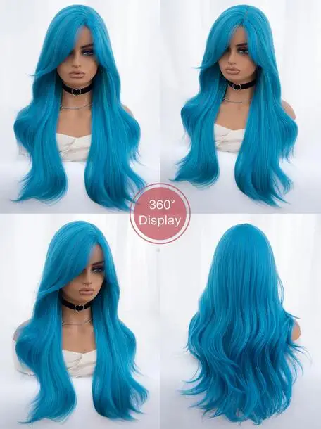 Sea blue synthetic wig with natural wavy long hair in the center, women's role-playing, cross dressing, queen party warmth