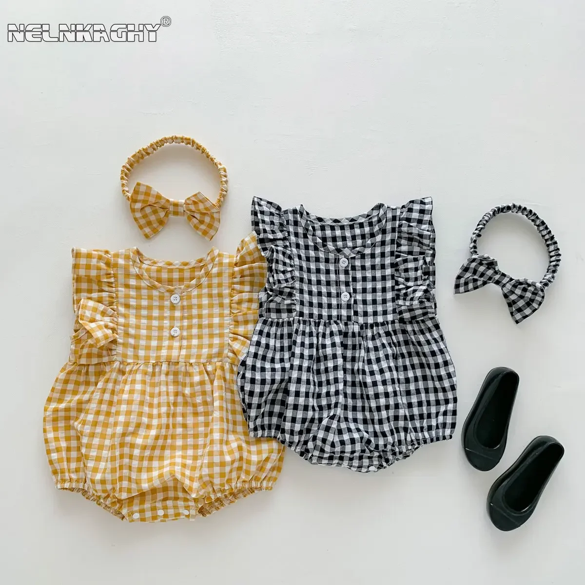 Summer Infant Flying Sleeve Romper Girlss Korean Thin Contrast Plaid Bodysuit gift headbands Creeper Kids Baby Casual Clothing