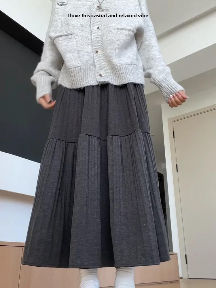 

plus Size Women's Pleated Skirt High Waist Elastic Waist Midi Length A-Line Skirt for Pear Shaped Body Slimming Autumn Winter