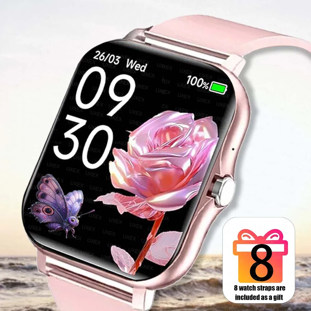 

Умные часы Exercis Stripling с функцией звонков по Bluetooth, фитнес-трекером, монитором сердечного ритма, воспроизведением музыки, экраном 1.83 дюйма. В подарок 8 ремешков для часов.