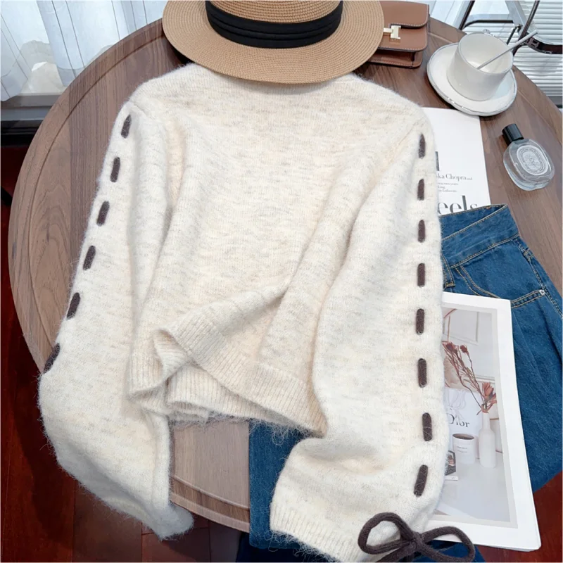 Women Clothing White Vintage Knitting Sweater Cardigan Jacket Green Long Sleeve Casual Fashion Female NEW Winter Round Neck Tops