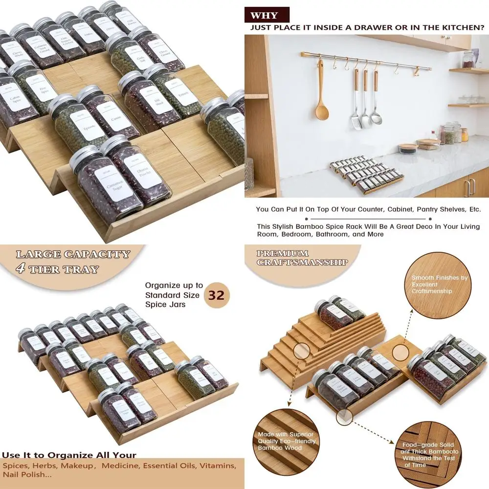 

8-Piece Bamboo Spice Rack, 7 Wide Each, Adjustable to 14 Wide