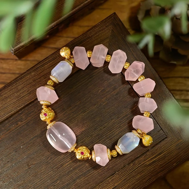 

Браслет из натурального розового кварца, высококачественный граненый лунный камень и бусины из необработанного розового драгоценного камня, однониточные хрустальные украшения