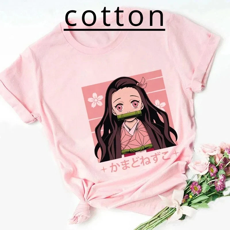 Camiseta de algodão estampada infantil Nezuko Kamado, Kimetsu No Yaiba, camiseta rosa bebê, bonito Harajuku Kawaii Kid roupas, camiseta menina, tops