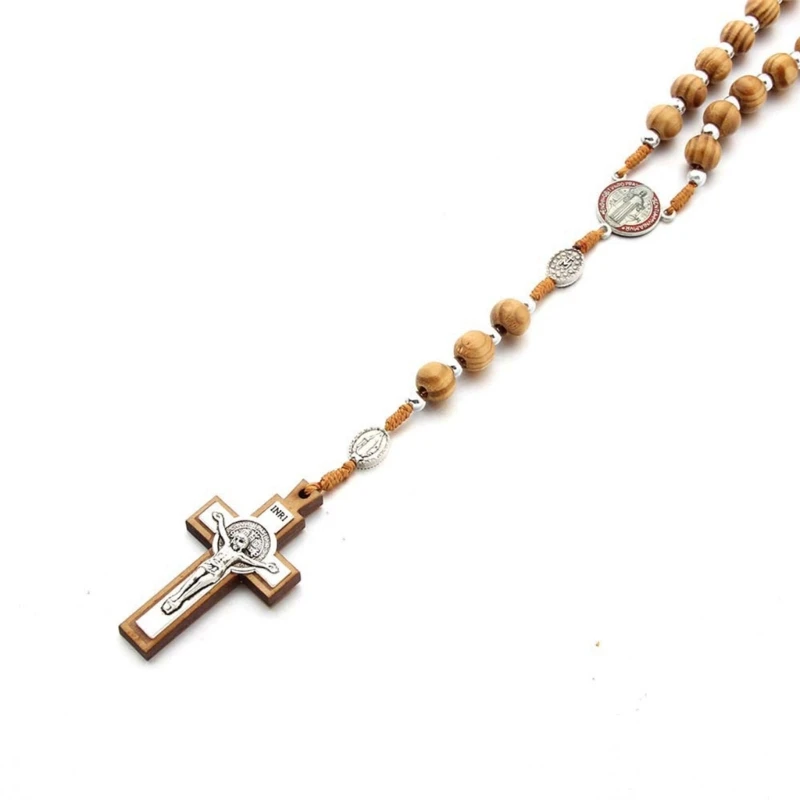 Handmade Wood Catholic Rosaries Necklaces Rosary Beads Christian Prayer Cross Pendant Necklaces for Men Women Jewelry