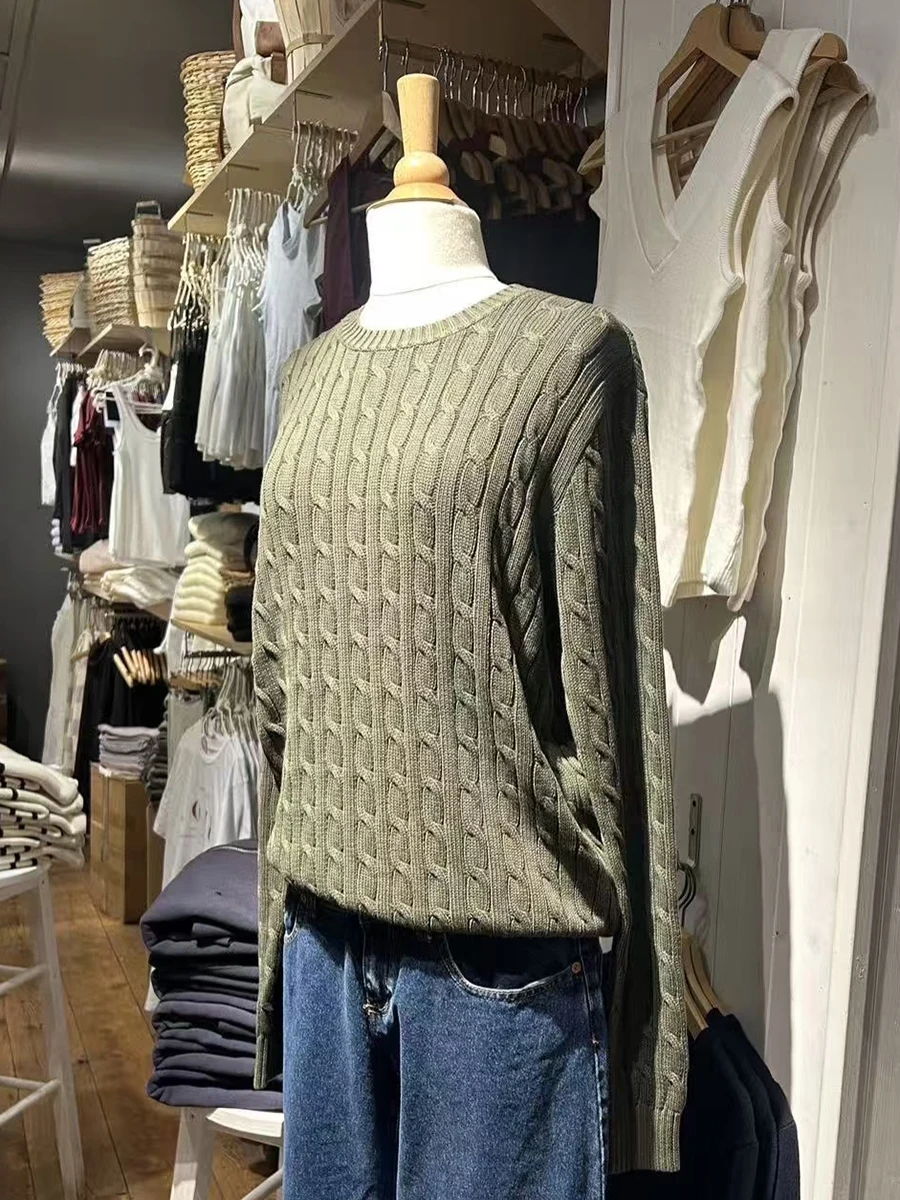 

Зеленый свитер с витым цветком, женский весенний хлопковый повседневный пуловер с круглым вырезом и длинными рукавами, новый винтажный однотонный джемпер в консервативном стиле, топы