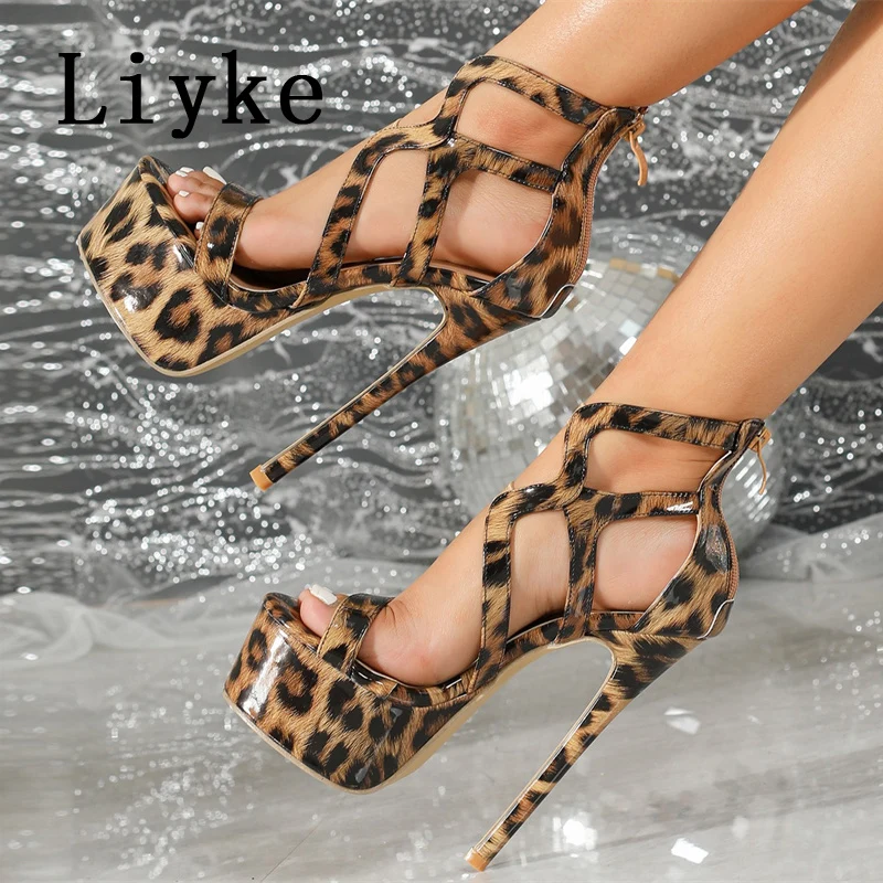 Liyke Summer New Hollow Out Strap Zip Cover Heel Women's Sandals Sexy Leopard Print Platform High Heels Stripper Pole Dance Shoe