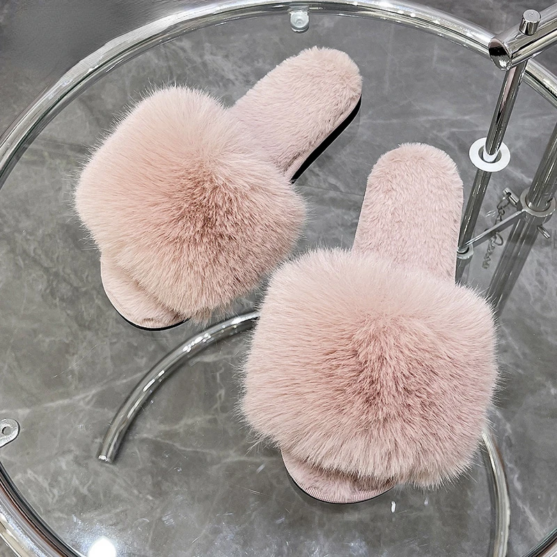 Women\'s Home Slippers Winter Pink Fur Kawaii Flats Furry Elegant Comfortable Soft Shoes for Woman  and Low Price