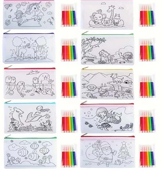 DIY Eco-friendly Graffiti Bag with Markers Children Handmade Painting Non-woven Bag Kids Art Craft Color Filling Drawing Toy
