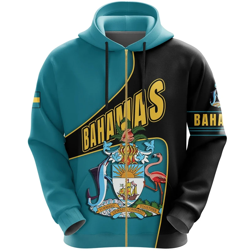 Bahamas Flag Map 3D Printed Zip Up Hoodies For Men Clothes National Emblem Hoody Tracksuit Fashion Boy Zipper Hoodie Women Tops