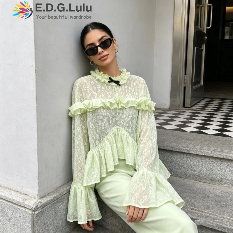 

EDGLuLu 2026 Spring New Lace Light Green Top Design Round Neck Ruffle Splicing Trumpet Sleeve Asymmetrical Lace Blouse 0430