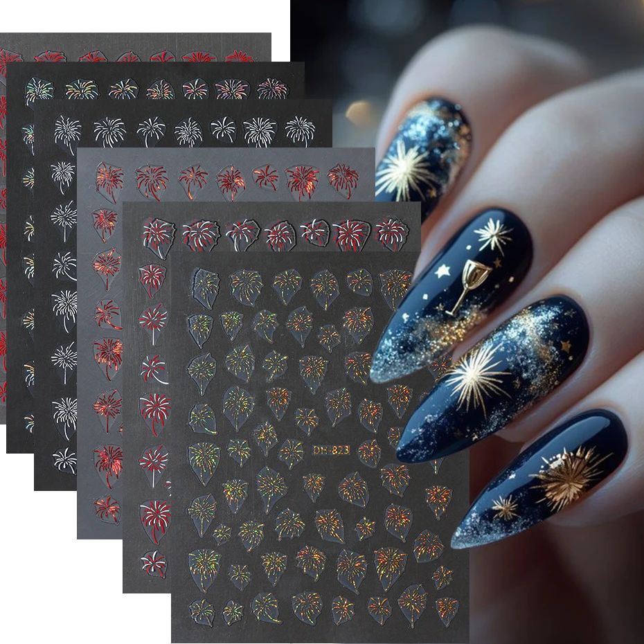 6pcs Fireworks Nail Stickers, Gold Red Laser Blooming Fireworks Pattern Nail Decals 3D Self Adhesive Manicure Decorations DIY